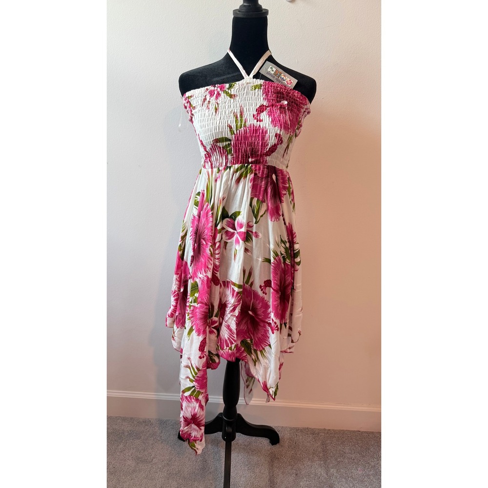 India Boutique Pink Hibiscus Floral Halter Dress Smocked Handkerchief Hem NWT